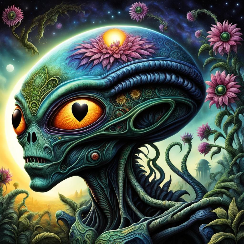 Heart-Eyed Alien in Eerie Alien Landscape