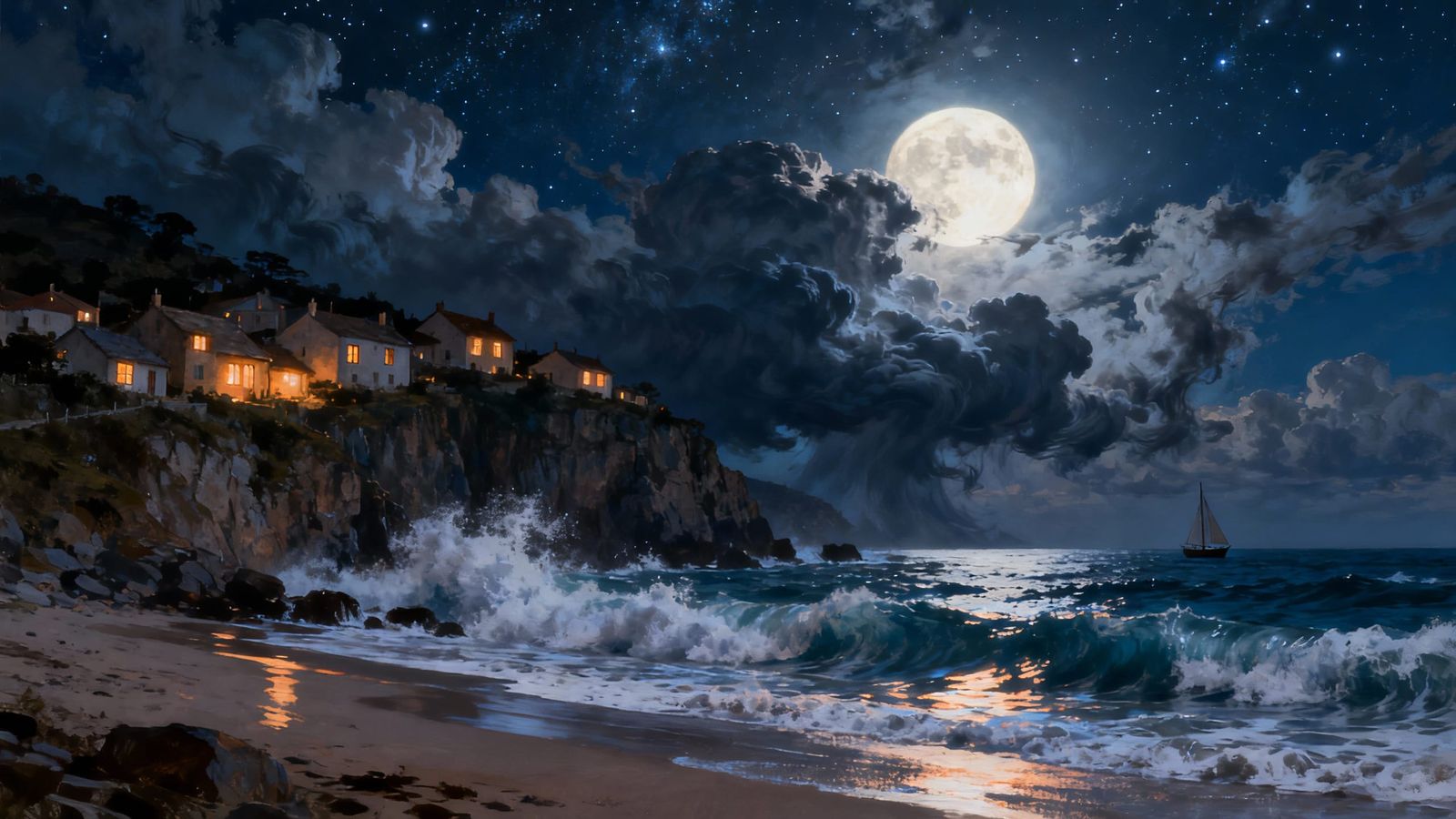 Digital Painting of Coastal Village Under Full Moon