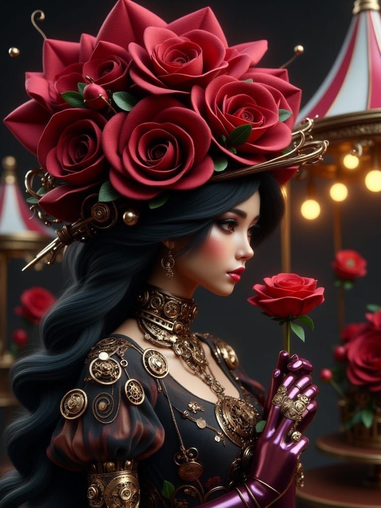 A Steampunk Rose Blooms in a Dreamlike Circus Atmosphere