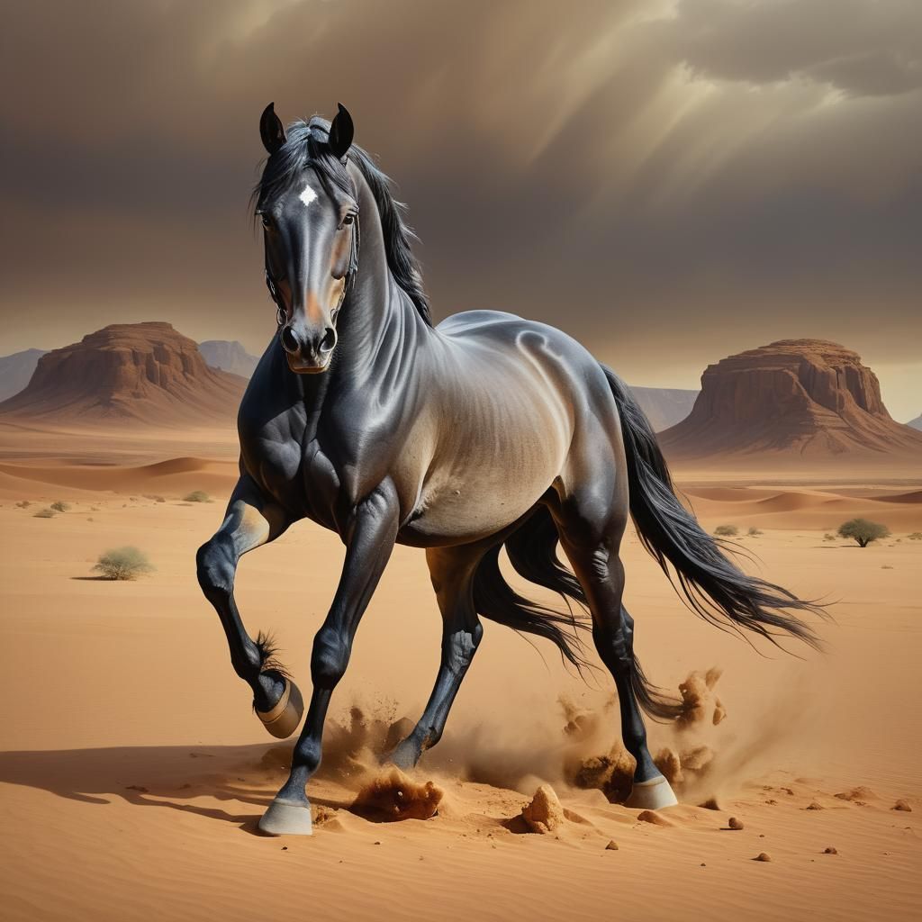 Surreal Black Lusitano Horse in Wadi Rum Landscape