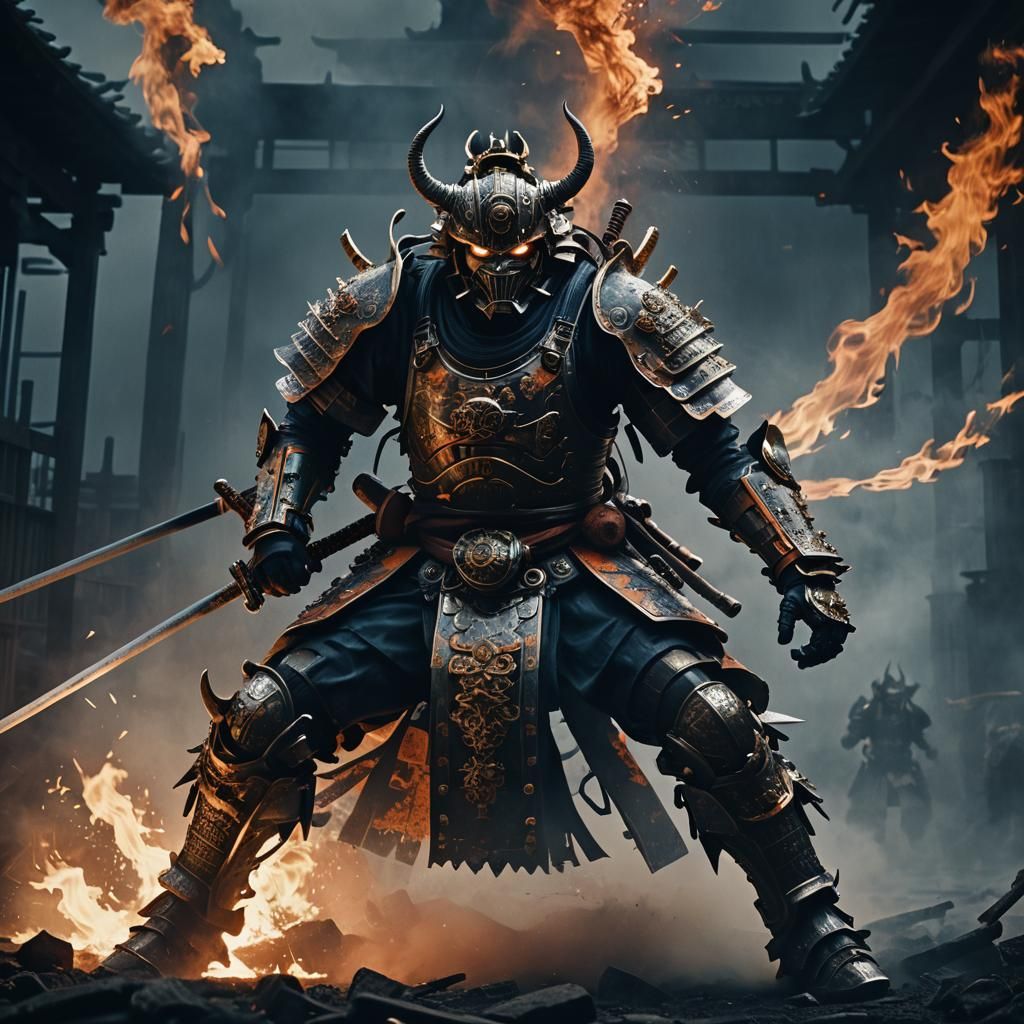 Samurai in Mechanical Armor Battles Japanese Demon