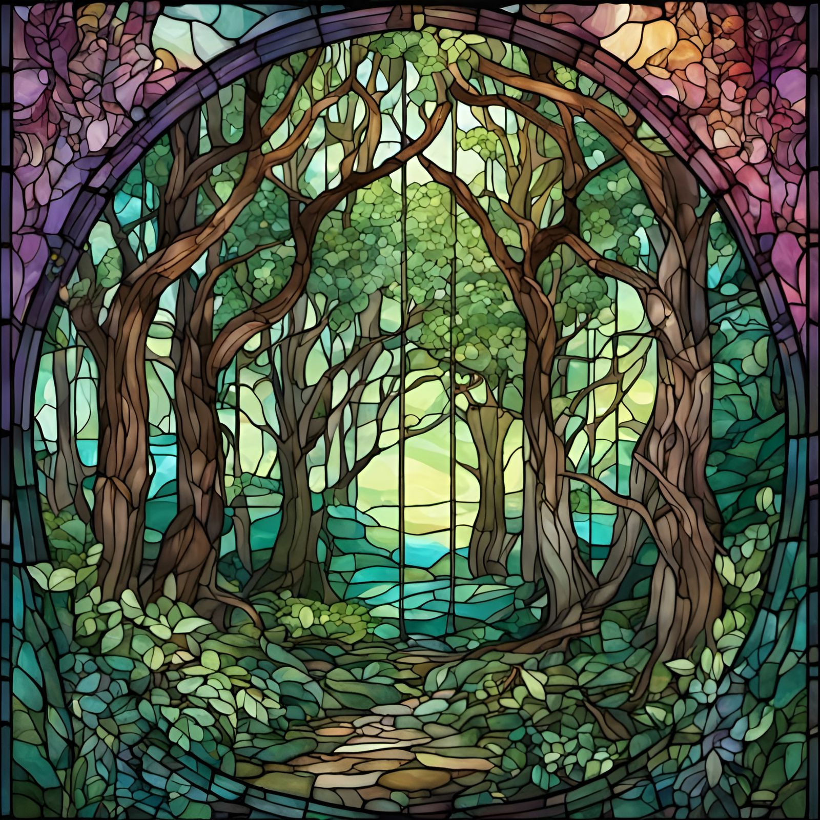 Fantasy Forest in Stained Glass Illustration