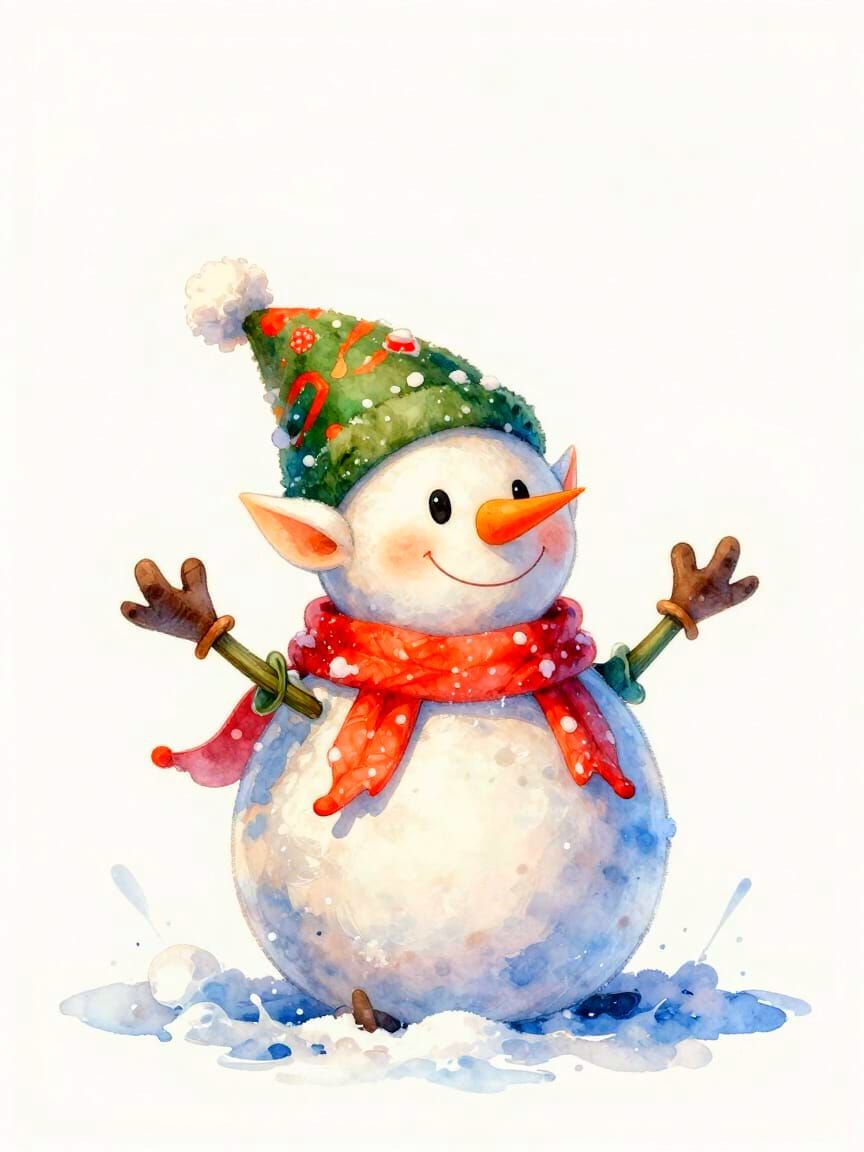 Christmas Elf in Snowy North Pole Watercolour