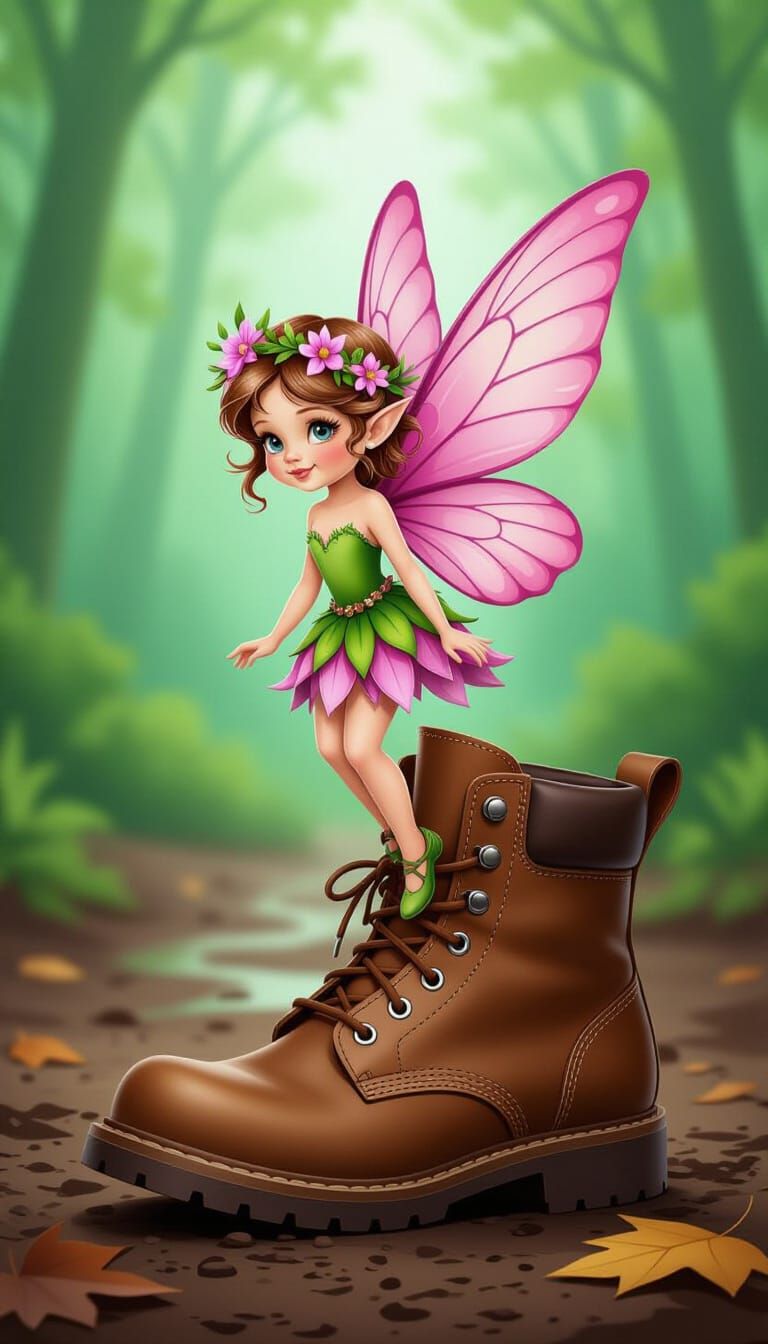 Whimsical Fairy on Hiking Boot in Forest Illustration