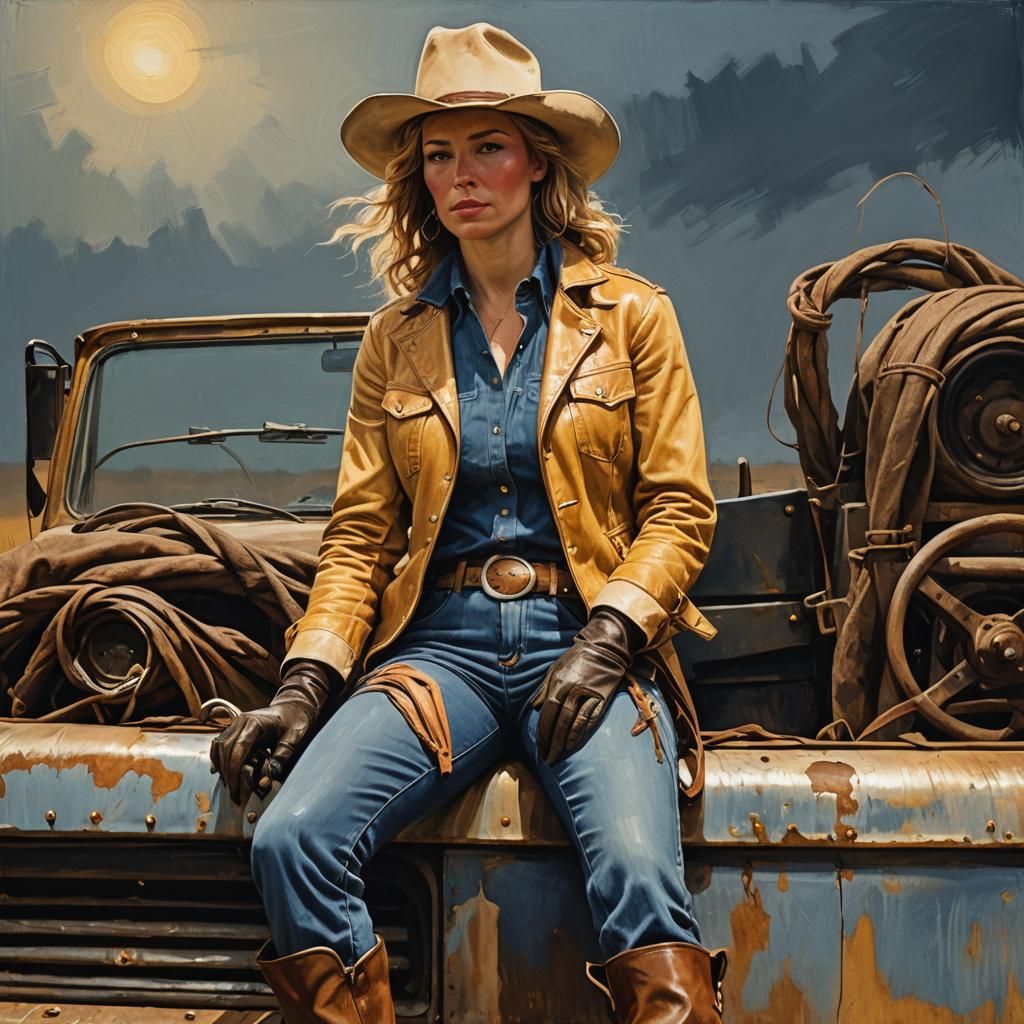 Modern Cowgirl on Truck Bed in Oil Painting Style