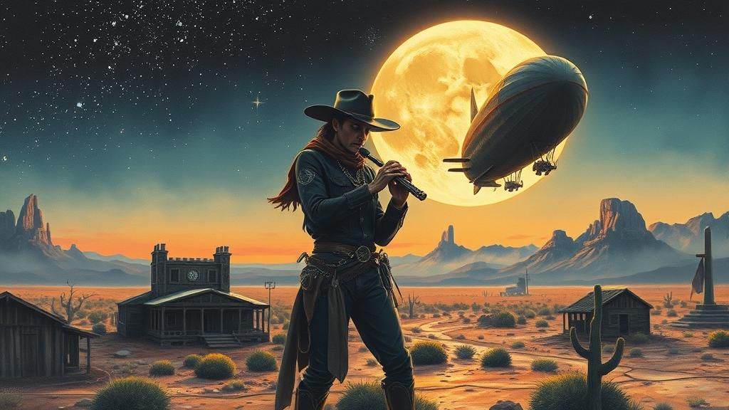 Steampunk Cyborg Cowboy's Sunset Serenade in Ruined Town