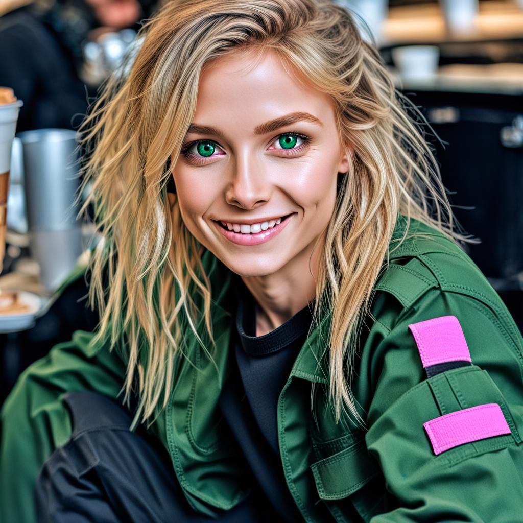Smiling Blonde Woman in Pink Crop Top, Hyperrealistic