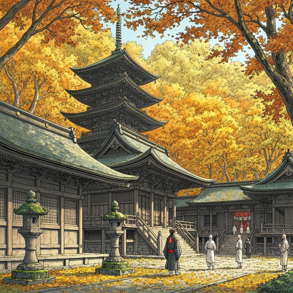 Japanese Temple in Autumn, Moebius Style