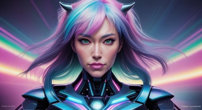 Robot Girl and Unicorn in Retro-Futuristic Landscape