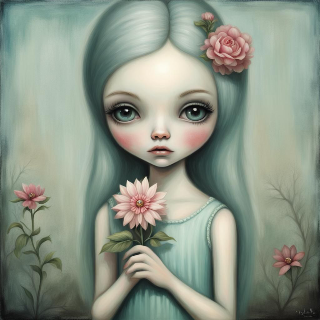 Girl with Flower in Surrealist Lowbrow Style