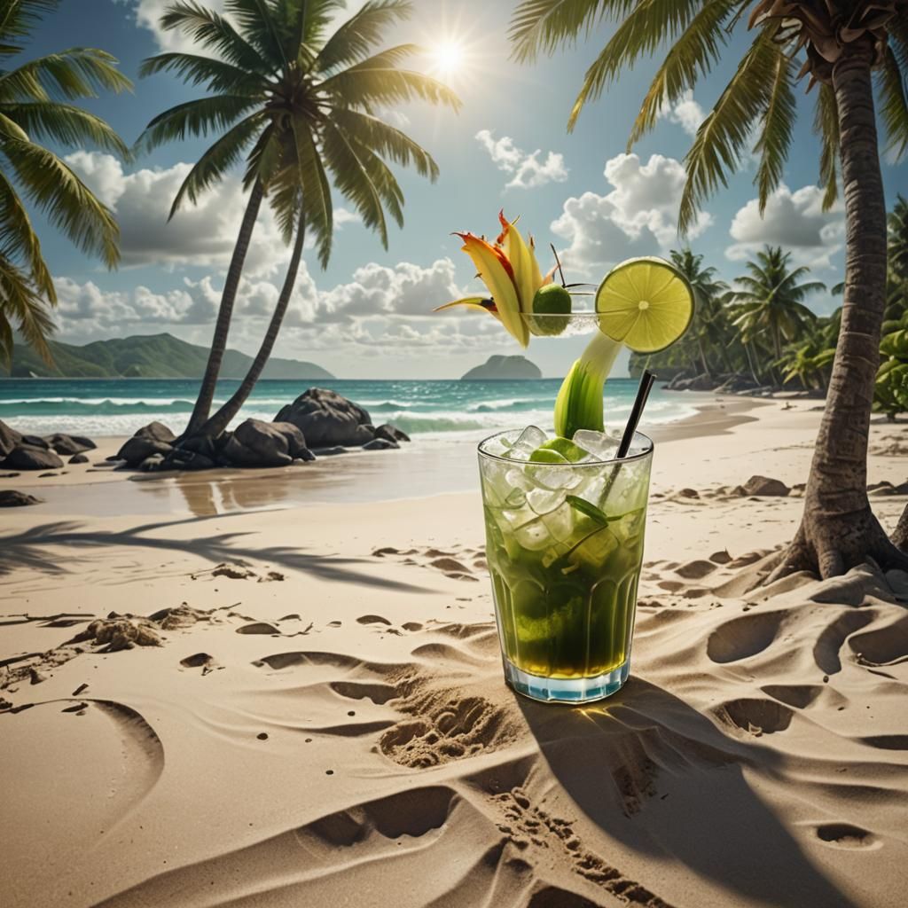 Beachfront Scene with Caipirinha and Coconut Tree
