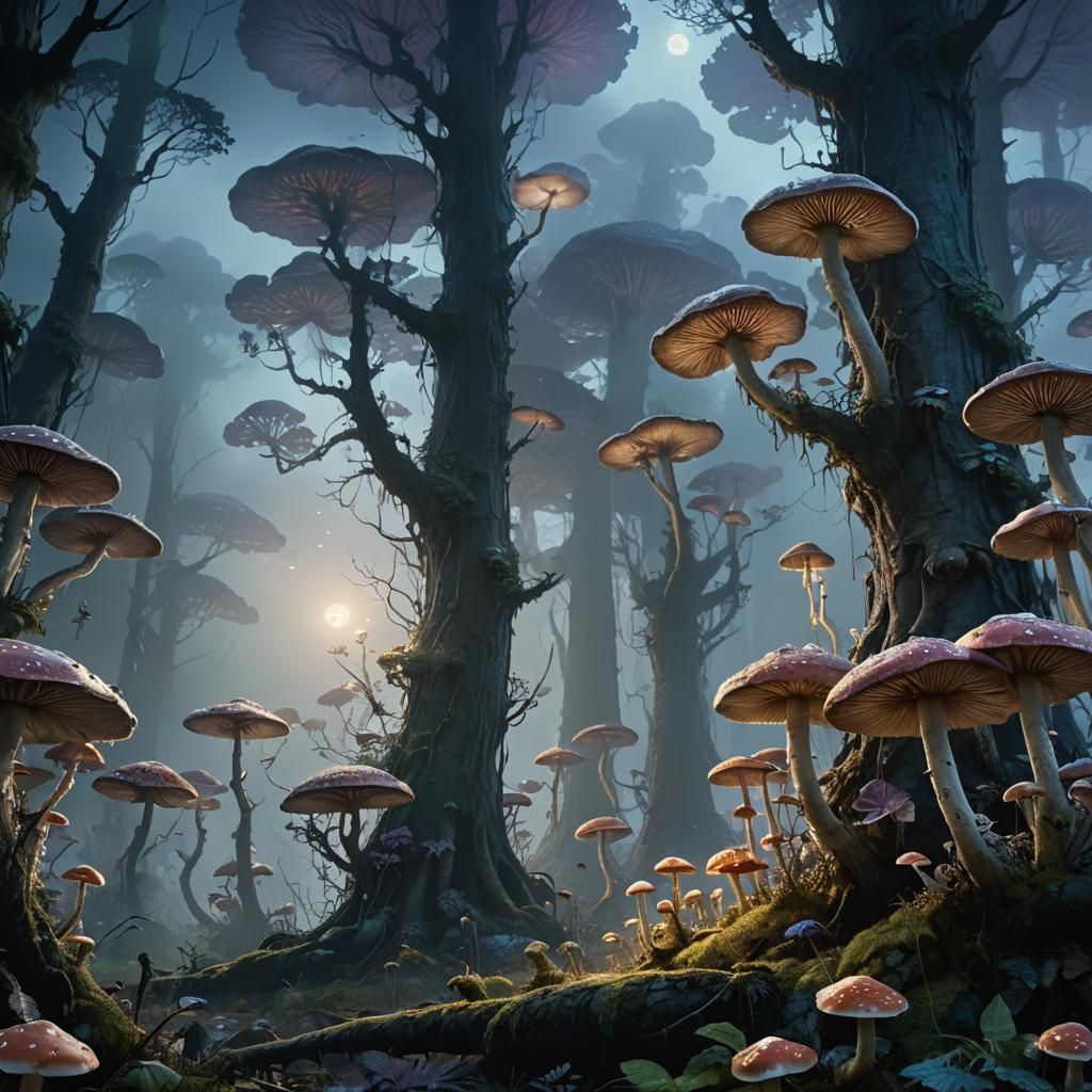 Moonlit Mushrooms in Misty Forest: Digital Matte Painting