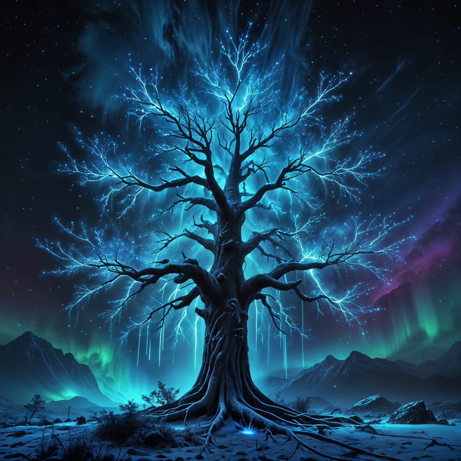 Ethereal Neon Blue Tree Illuminates Frozen Island
