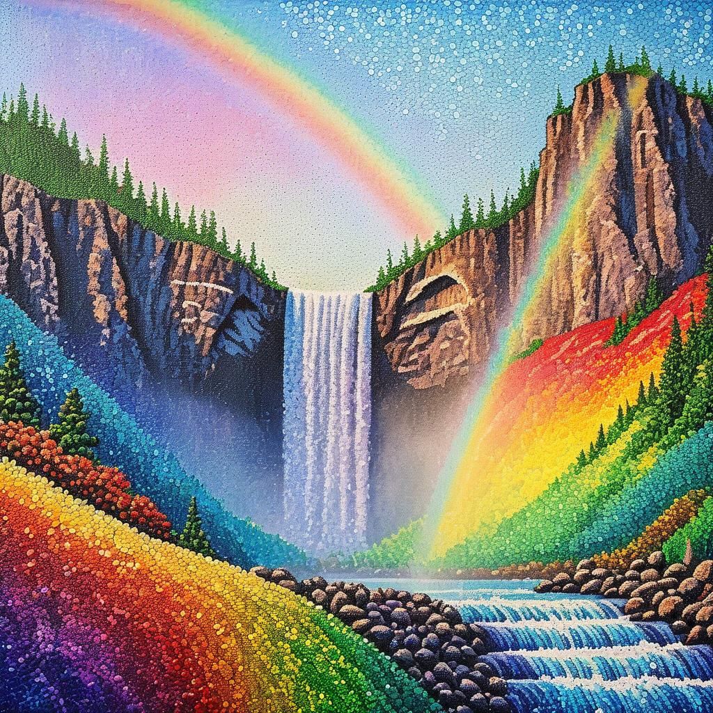 Rainbow Mountain Waterfall in Pointillism Style