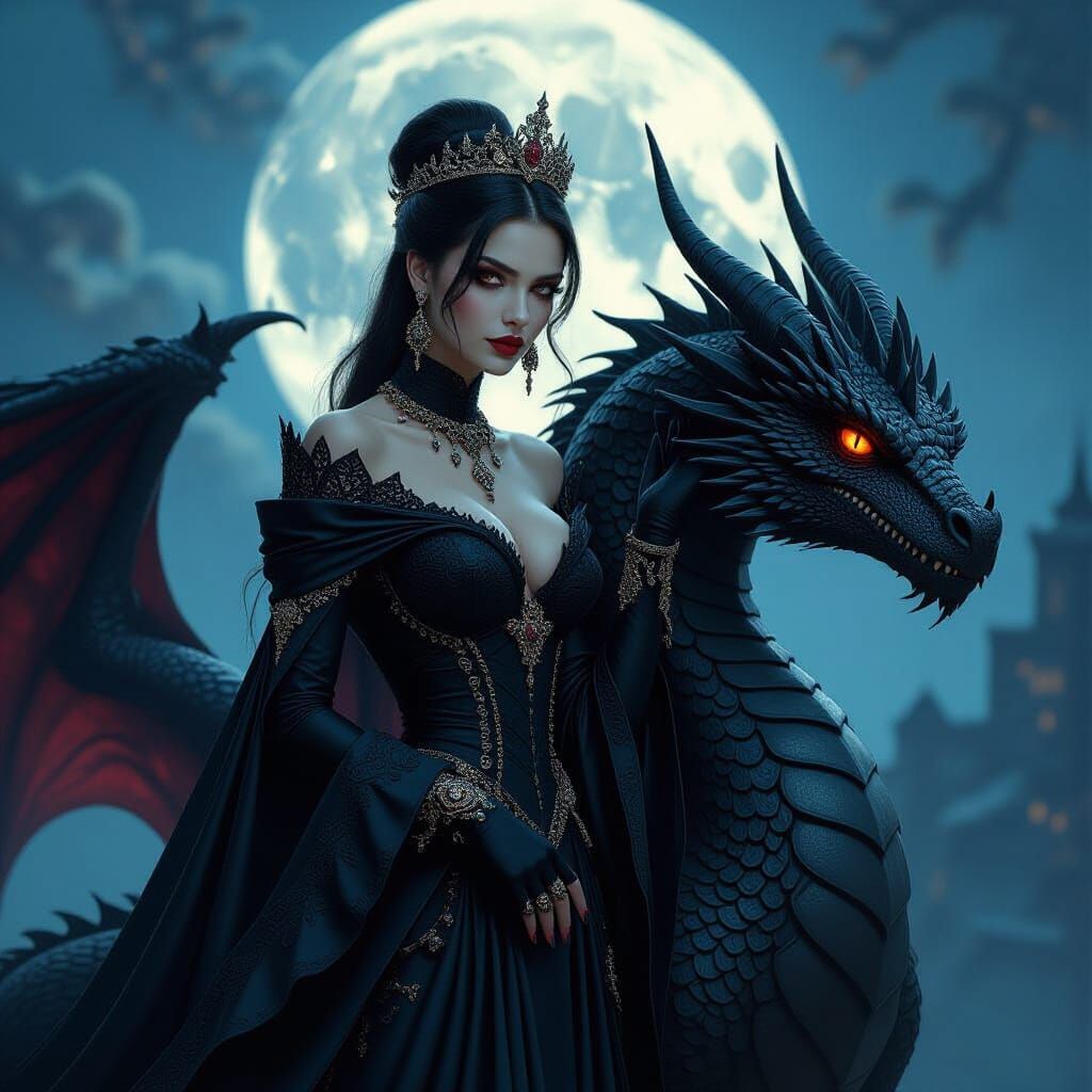 Gothic Vampire Princess with Dragon, Matte Painting Style