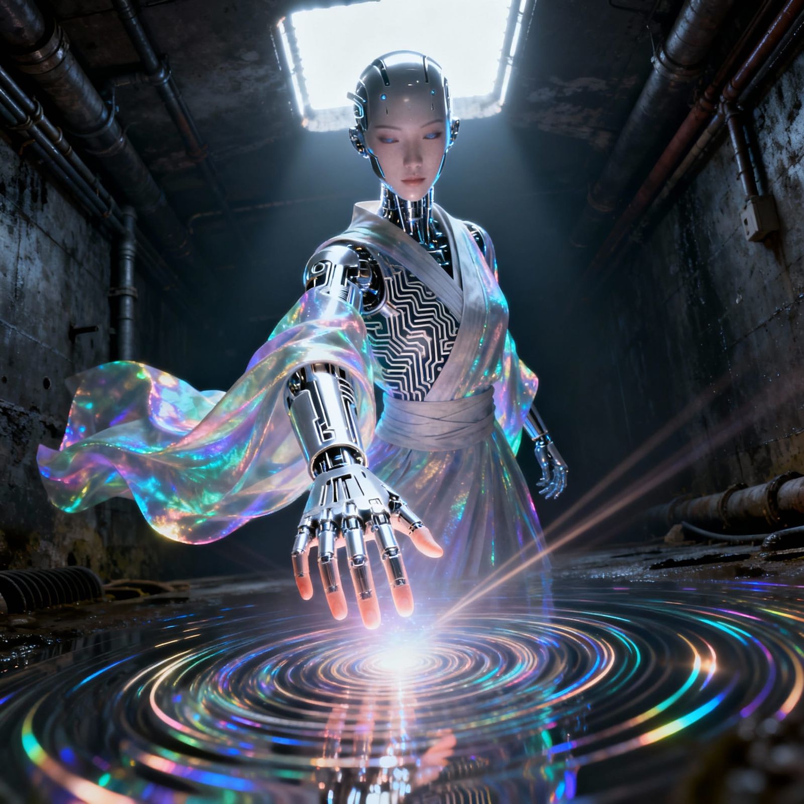 Ethereal Android Ninja Warping Spacetime in Dark Sewers