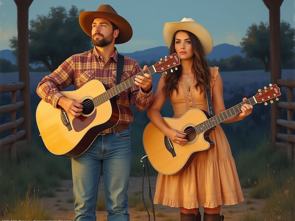 Country Western Guitarists in Sunset Honky-Tonk