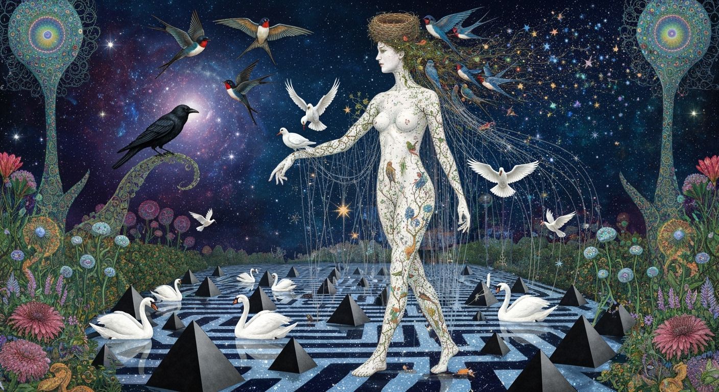 Ethereal Woman of Strings Dissolving into Birds in Cosmic Ga...