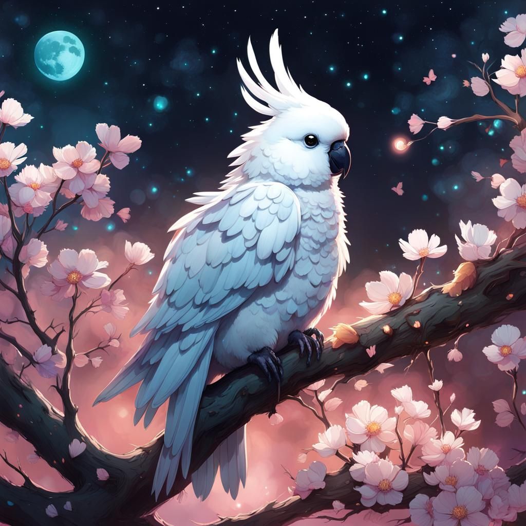 Chibi Cockatoo Constellation with Bioluminescent Flowers