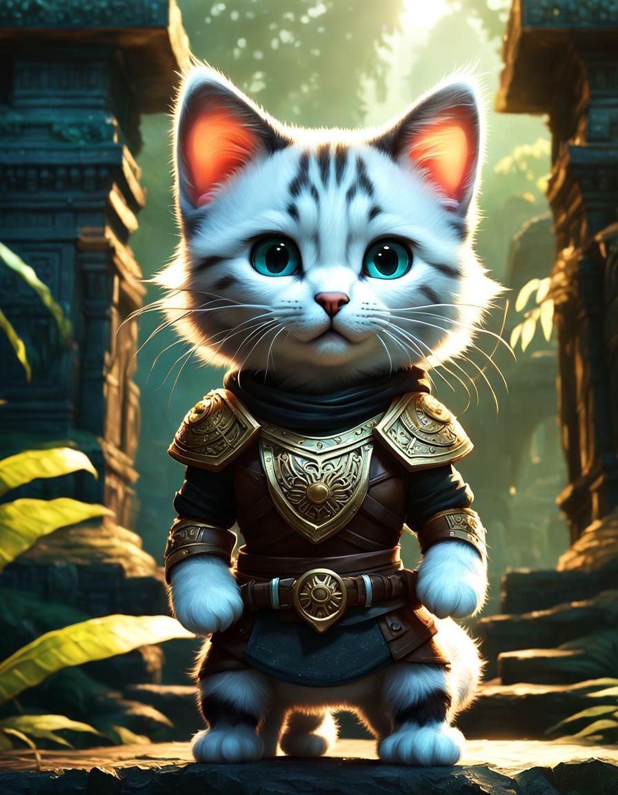 Chibi Cat Lara Croft at Ancient Temple Entrance