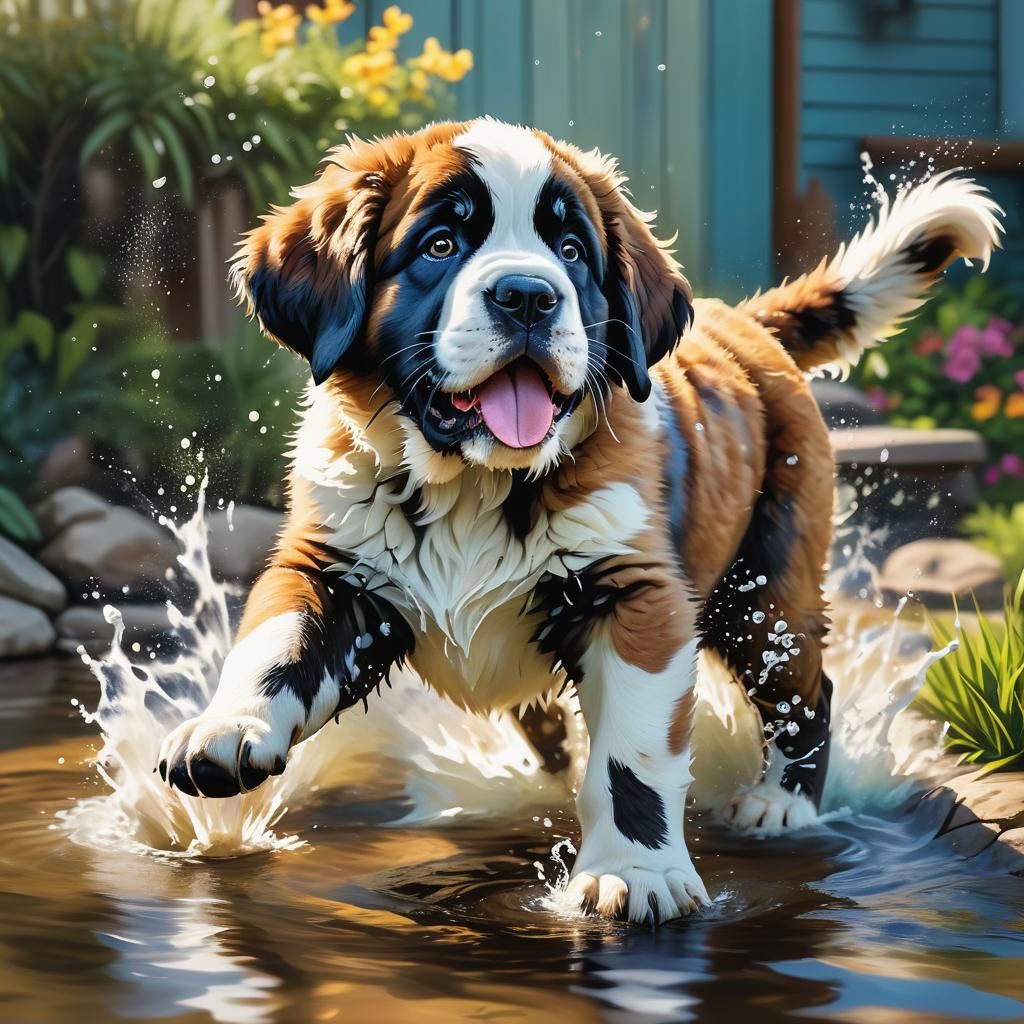 Hyperrealistic St Bernard Puppy Splash Art