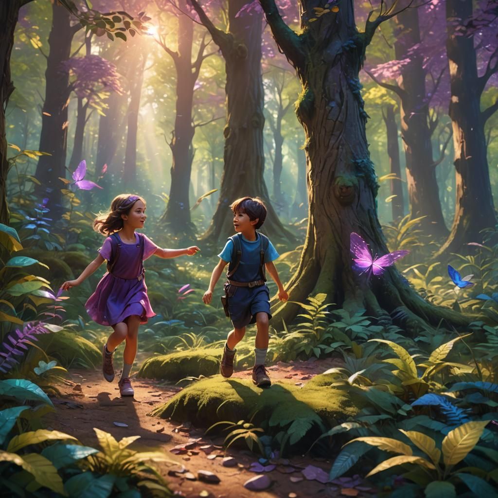 Children Playing in Lush Forest: Fantasy Art