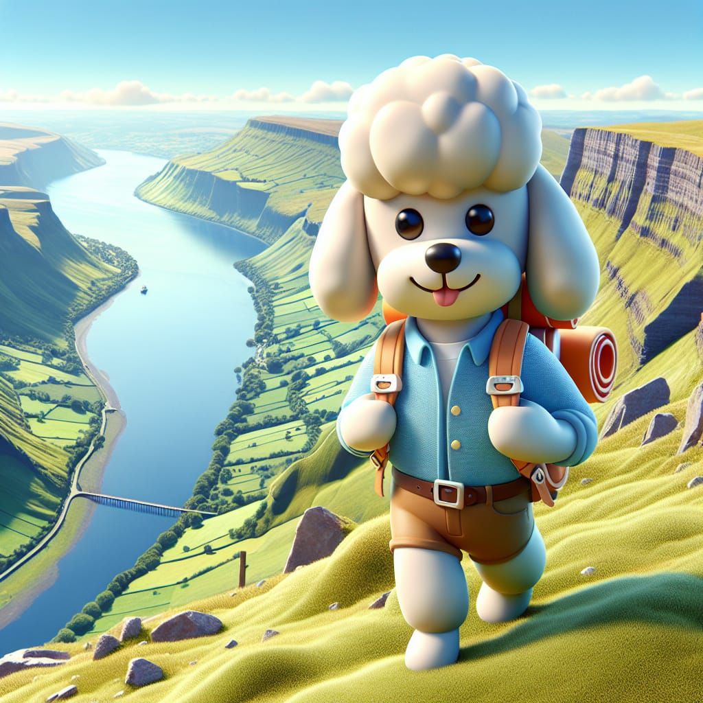 Disney Pixar style 3D adorable poodle dog, wearing a backpack, anthropomorphic, hiking up a tall hill, in a gorgeous sce...