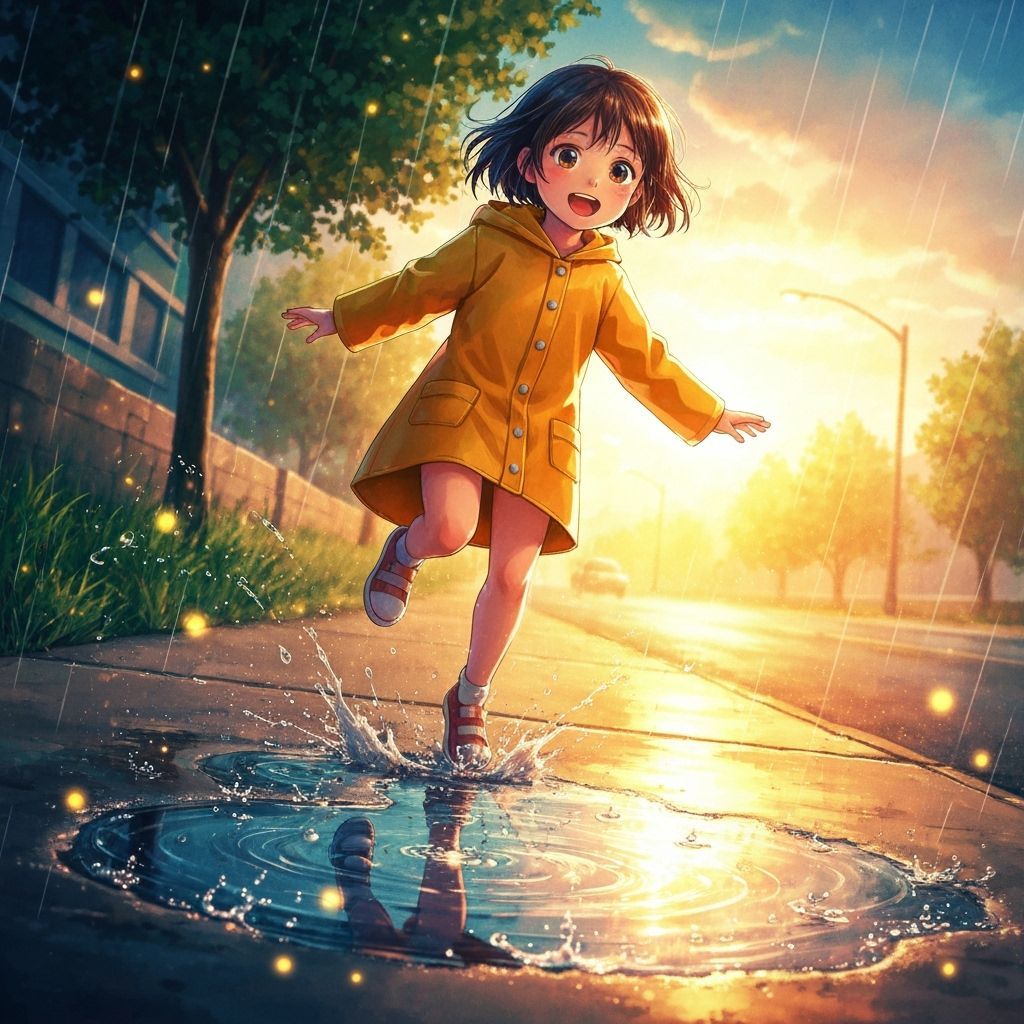 Child Leaps Puddle in Golden Hour, Watercolor Style