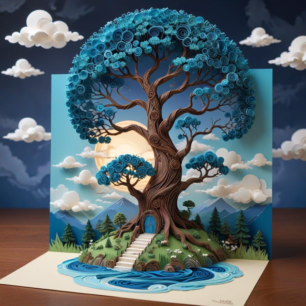 Surreal Paper Tree House Among Stylized Clouds