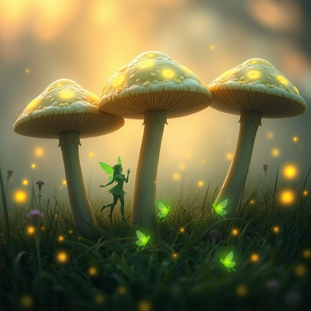 Whimsical Faeries Dance Amidst Glowing Mushrooms in a Golden...