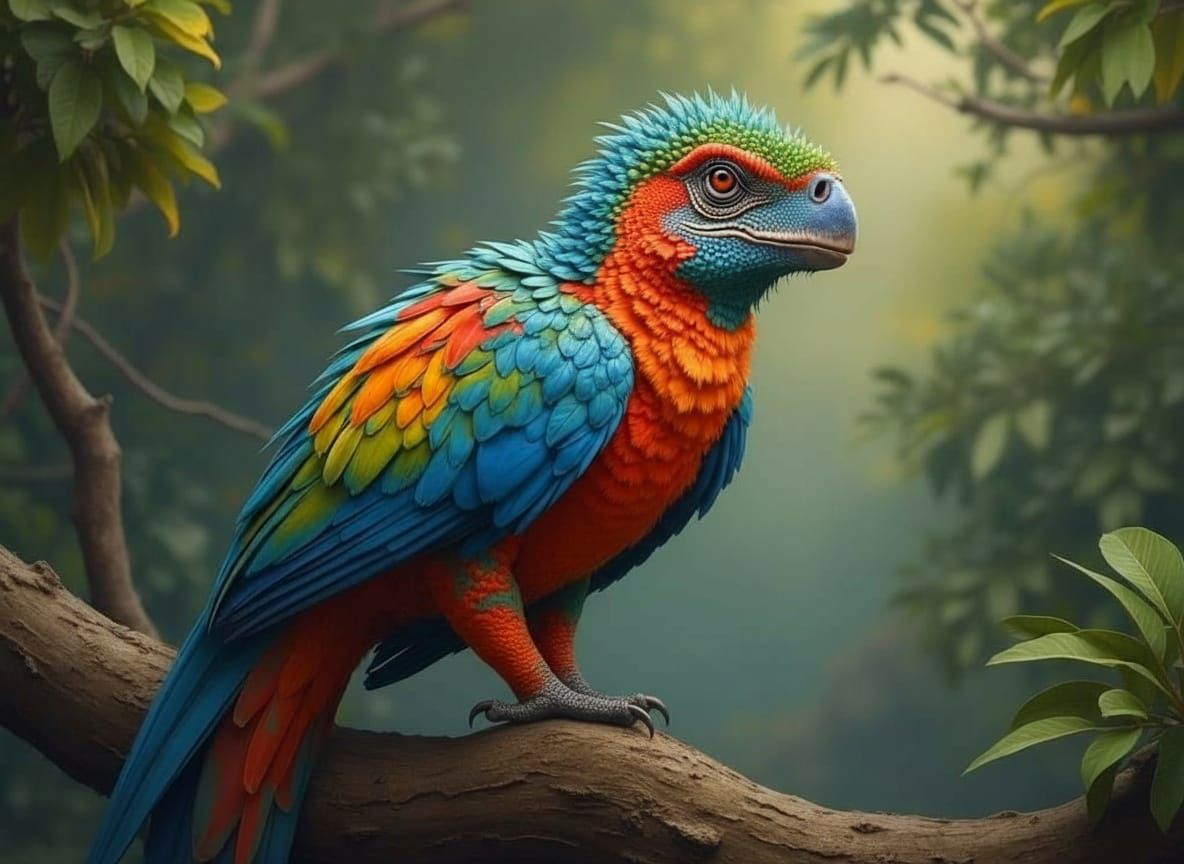 Feathered Dinosaur Illustration on Branch