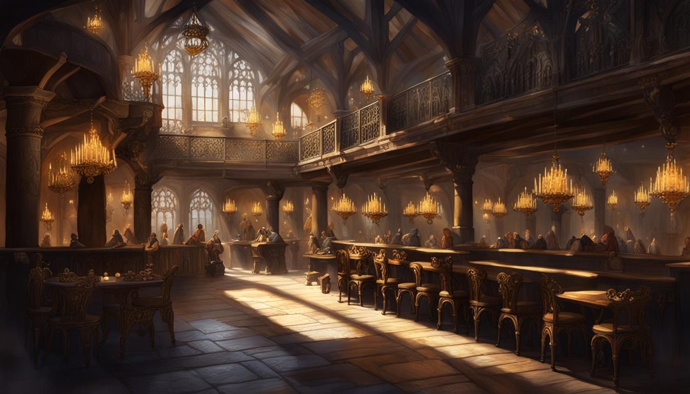 Epic Fantasy, indoor scene concept art, guild hall with mezz...