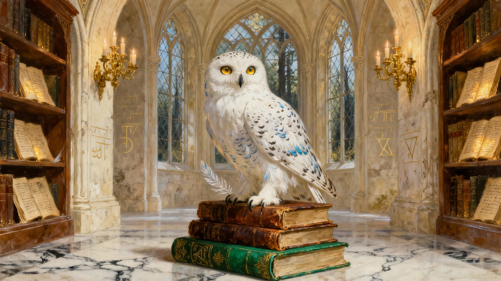 Hedwig the Owl on Books in a Magical Library