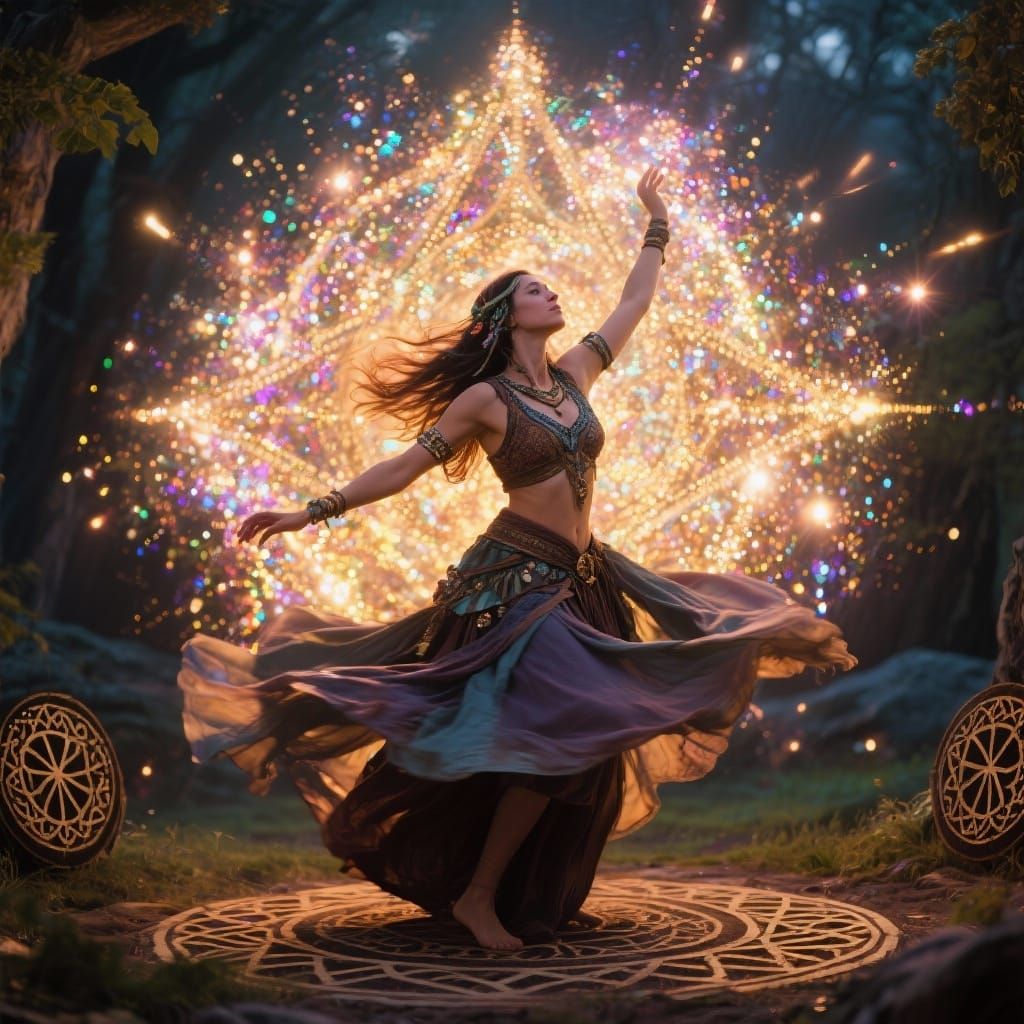Wiccan Druid's Sacred Dance in Glittering Light