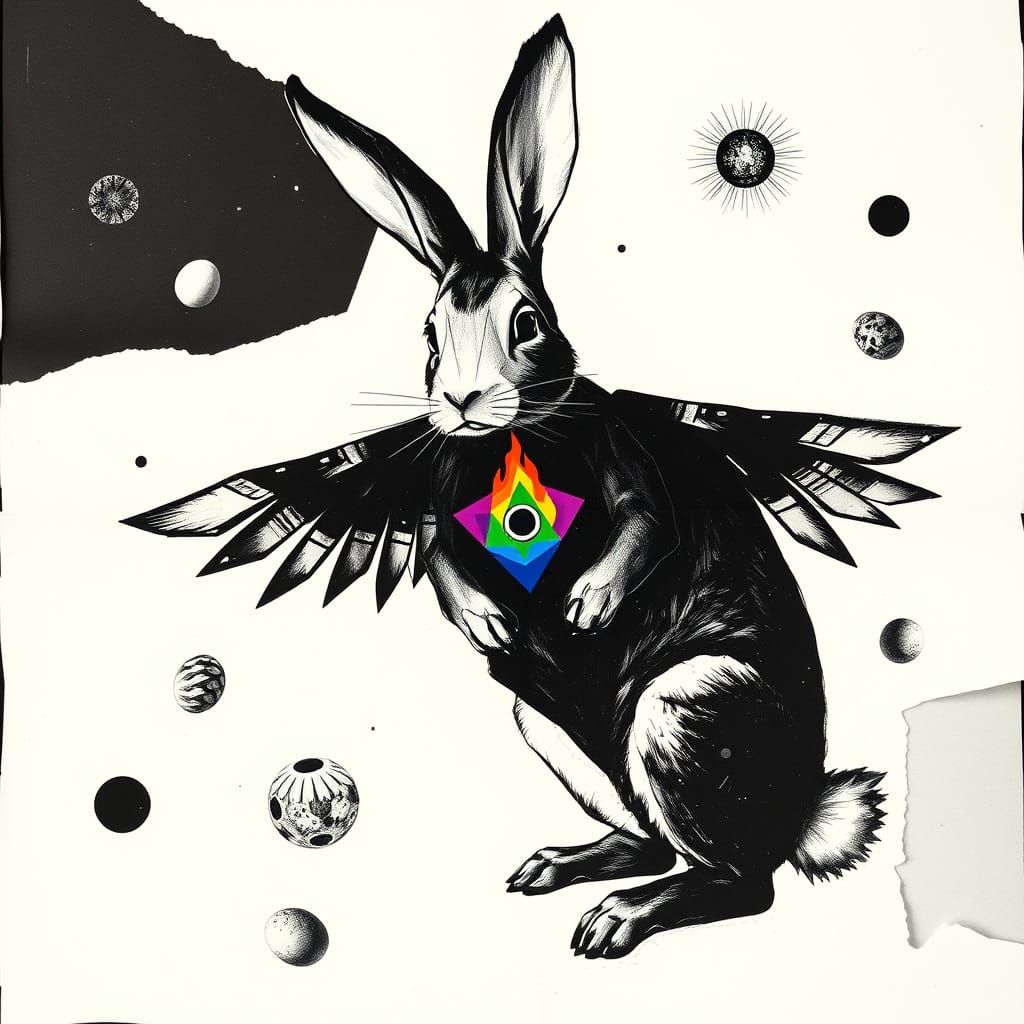 Punk Faith, Our Goth Punk Easter Bunny Of Social Rebellion, Create a black and white photogram-style  with geometric win...