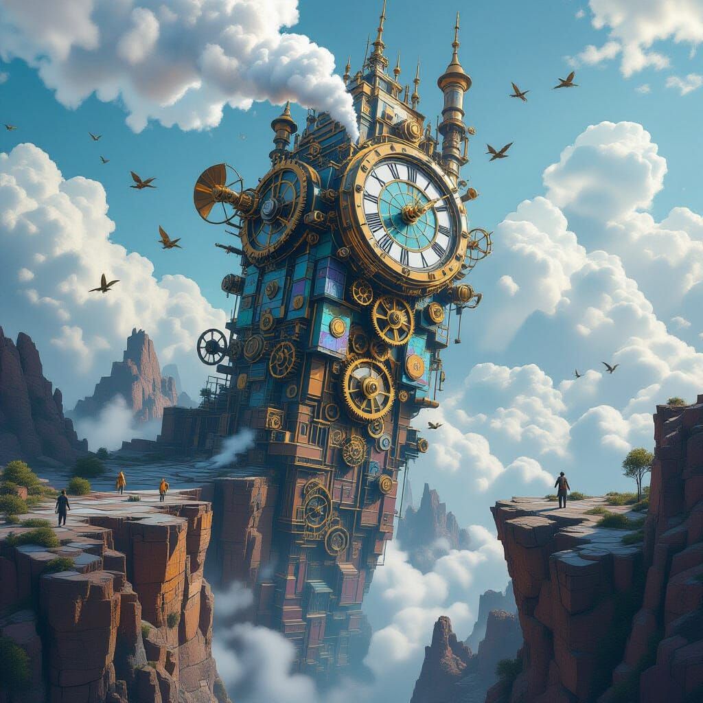Clockwork Skyscraper on Crumbling Cliff as Matte Painting