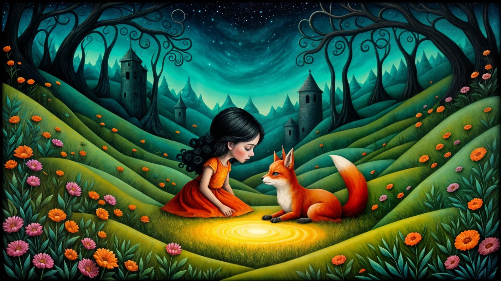 Mystical Firefly Night with Girl and Red Fox