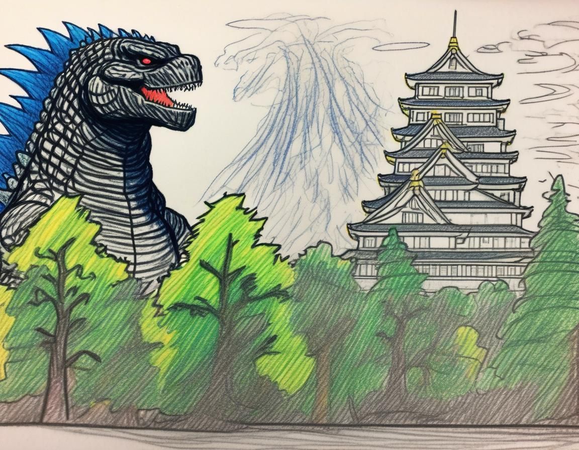 Godzilla Attacks Japanese Castle in Colored Pencil Sketch
