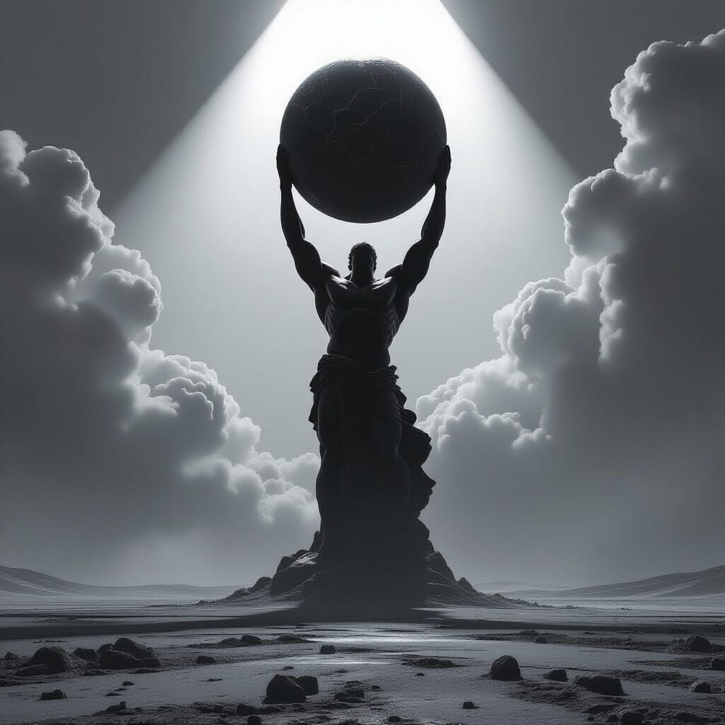 Colossal Atlas Statue Under Celestial Sphere in Stark Black ...