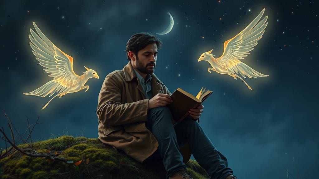 Lovesick Man Surrounded by Celestial Guardians Under Starry....