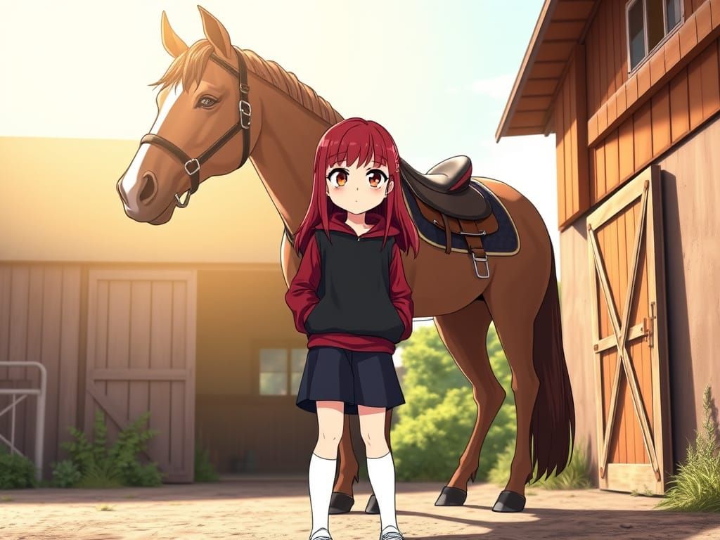 Flustered Girl Admires Majestic Horse in Sunlit Barn