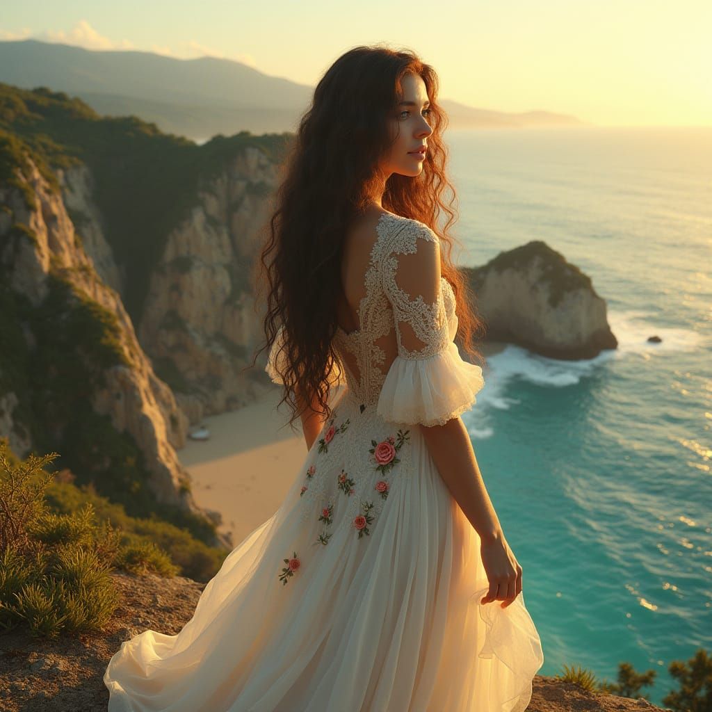 Woman at Cliffside Sunset in Art Nouveau Style