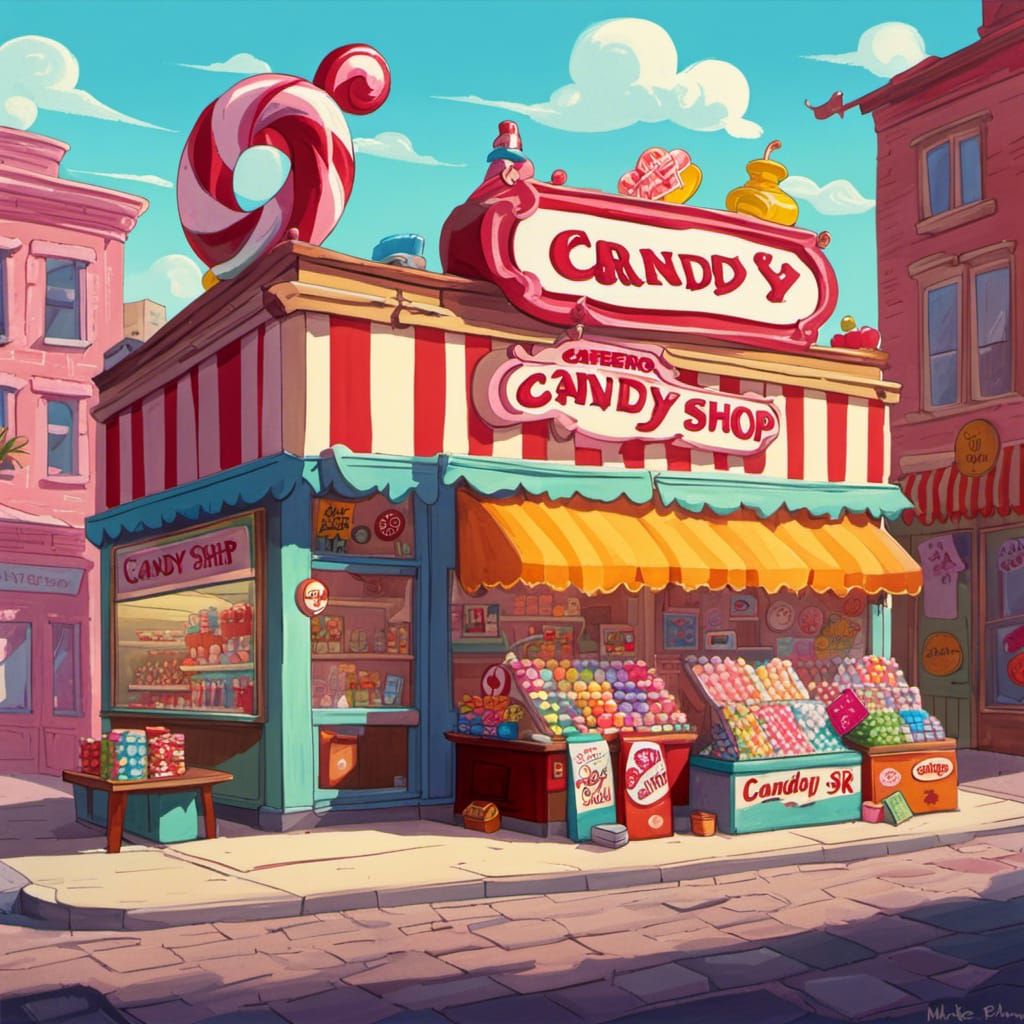Retro Cartoon Candy Shop in Vivid Gouache Style