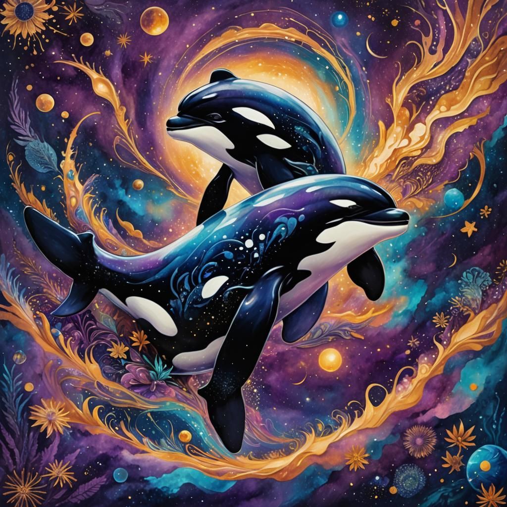 Orcas Dancing in the Galaxies: Cosmic Illustration