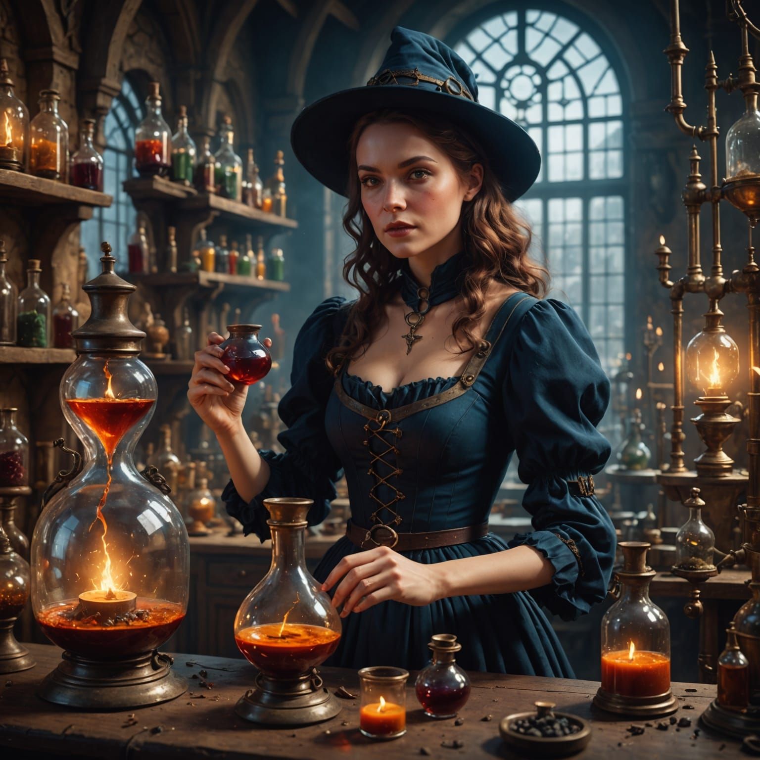 Charming Witch Brewing Potions in Retrofuturistic Lab