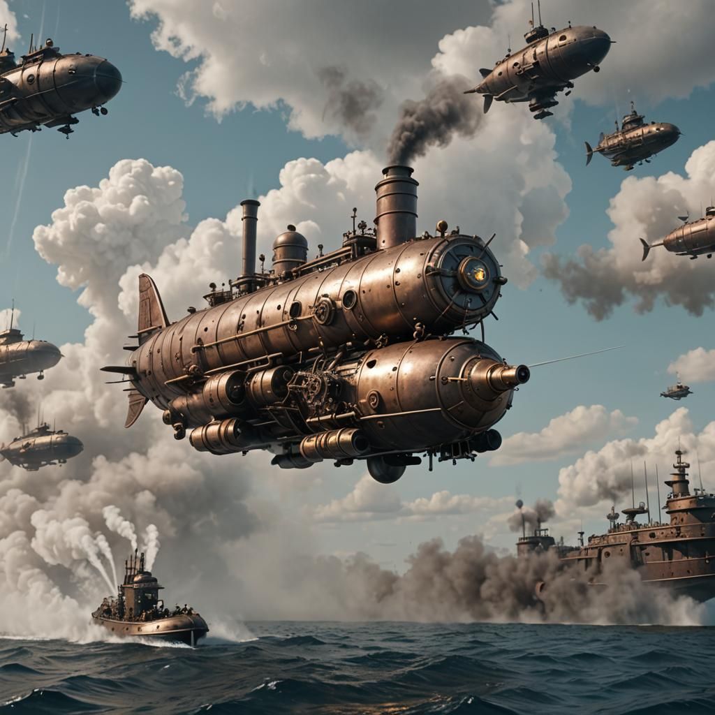 Steampunk Airship Submarine with Dwarf Pilot