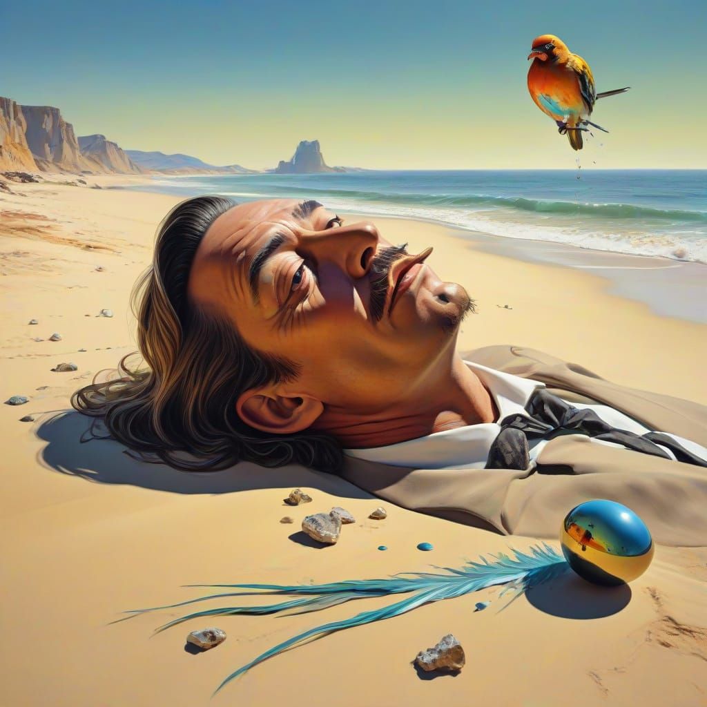Surreal Oil Painting of a Bird Dropping an Egg on a Sunbathe...
