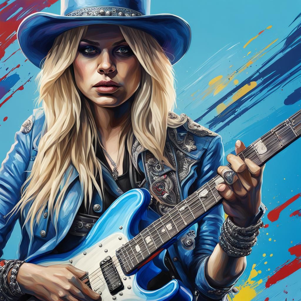 Blonde Guitarist with Blue Guitar in Hyperrealistic Style