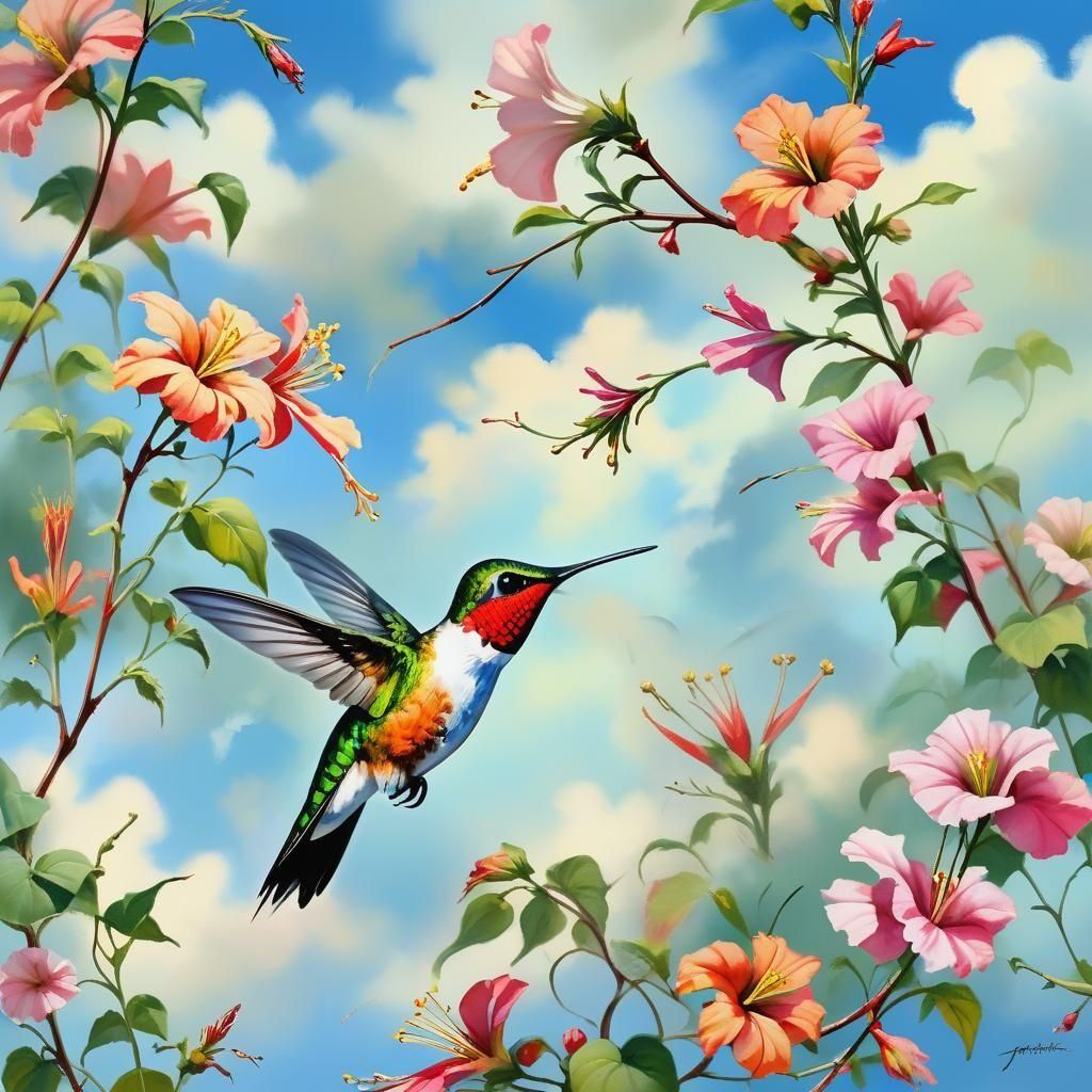 Ruby-Throated Hummingbird Feeding, Watercolor Background