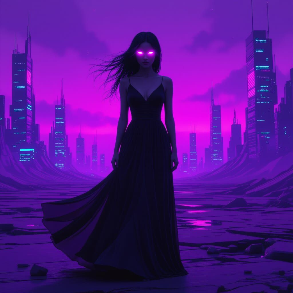 Dystopian Pink-Haired Lady in Surreal Purple World